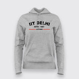 Women's gray hoodie with 'IIT Delhi ESTD 1961' and 'IITian' design, combining comfort and alumni spirit