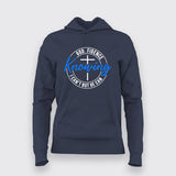 Women's navy blue hoodie with 'God-fidence Knowing I can't but He can - 2 Cor 12:9' text, featuring cozy fabric and adjustable drawstrings