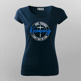 Women's navy blue round neck cotton T-shirt with 'God-fidence Knowing I can't but He can - 2 Cor 12:9' in a bold white and blue font with a cross design