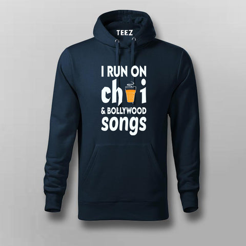 i run on chai & bollywood songs navy hoodir for men 